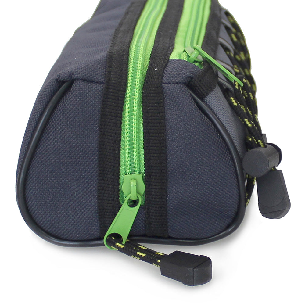 grey pencil case green 2 zips bungee cord boys girls