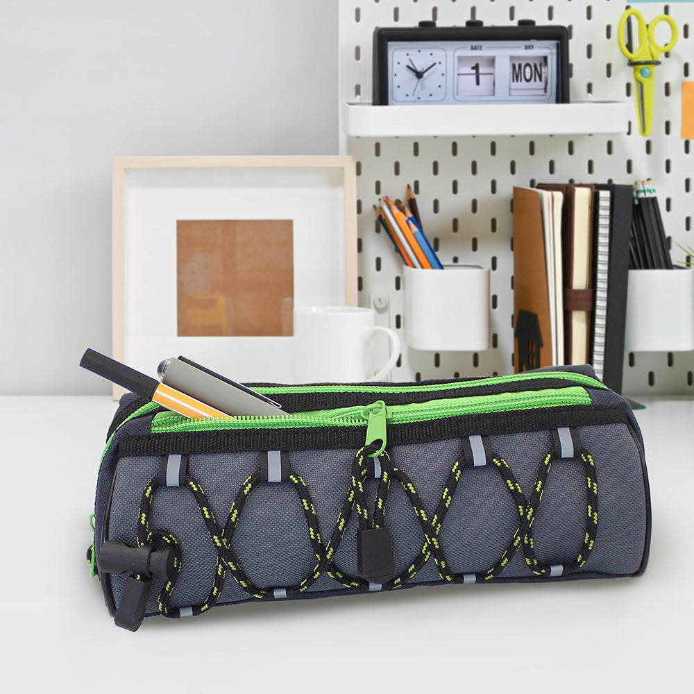 grey pencil case green 2 zips bungee cord boys girls