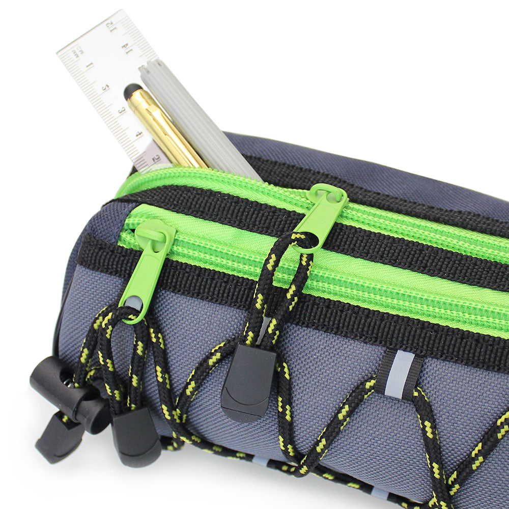 grey pencil case green 2 zips bungee cord boys girls